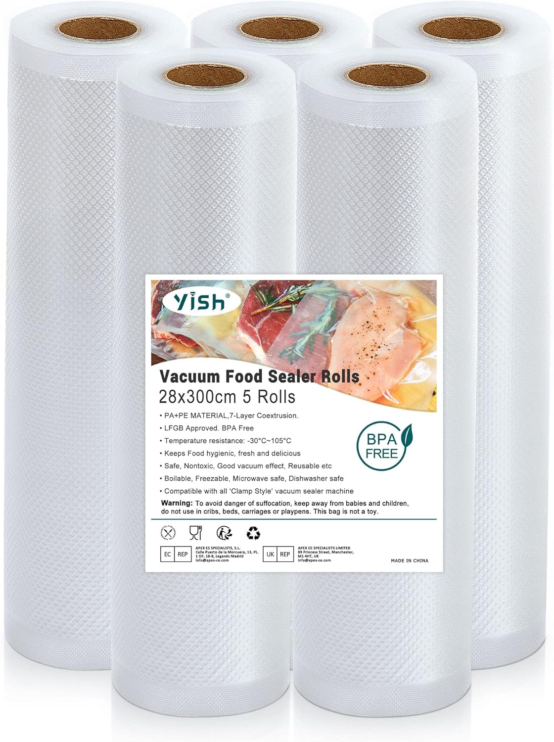 YISH - rouleaux sous vide alimentaires - 28x300cm - sans BPA, lot de 5