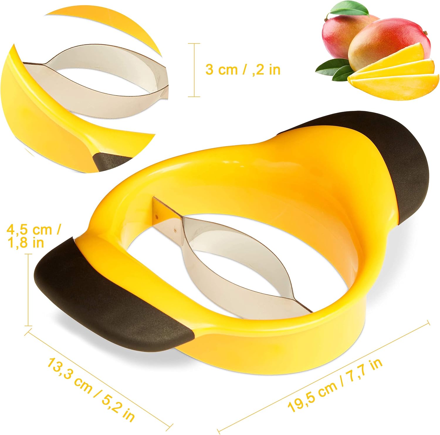 Trancheuse à mangue - lame inoxydable, coupe et carottage facile - jaune