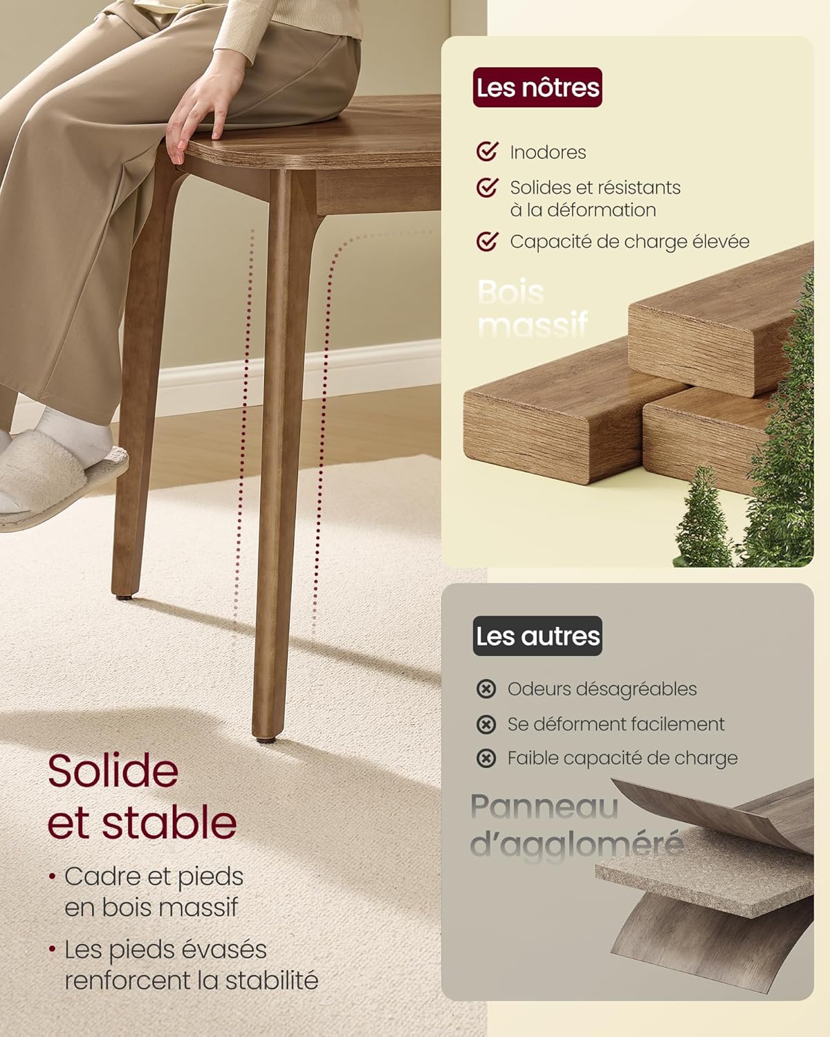 VASAGLE - Table extensible design épuré, 120kg, marron miel, KDT090K01