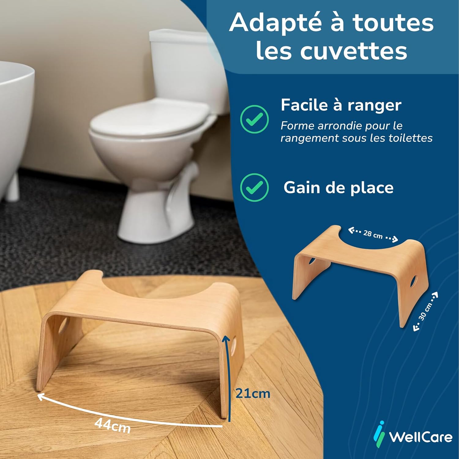Well Care - Tabouret physiologique bois verni - adulte - compact, anti-constipation, fabriqué France
