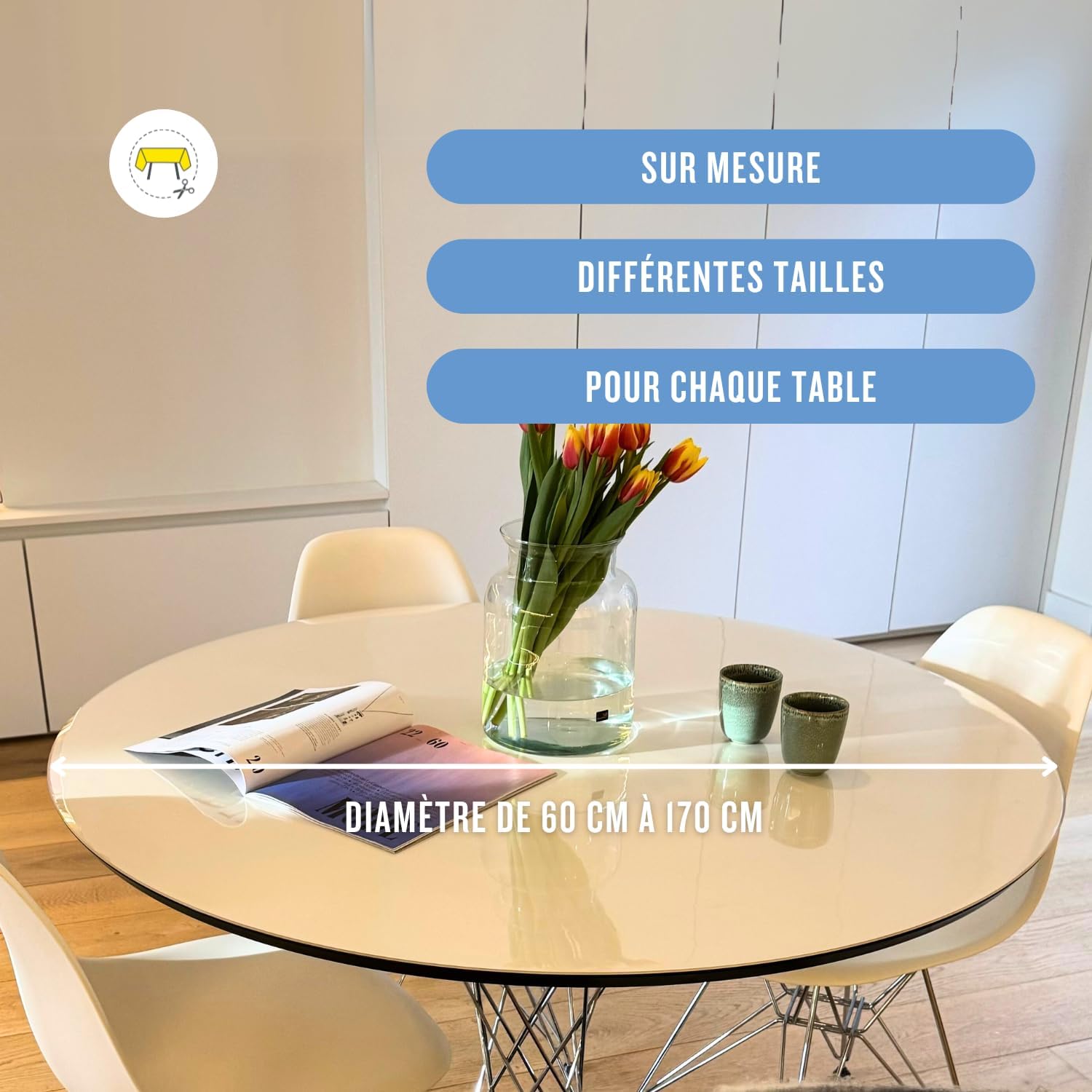 Nappe ronde transparente - 170 cm Ø - 2mm épais, bords inclinés, anti-tache, usage intérieur/extérieur