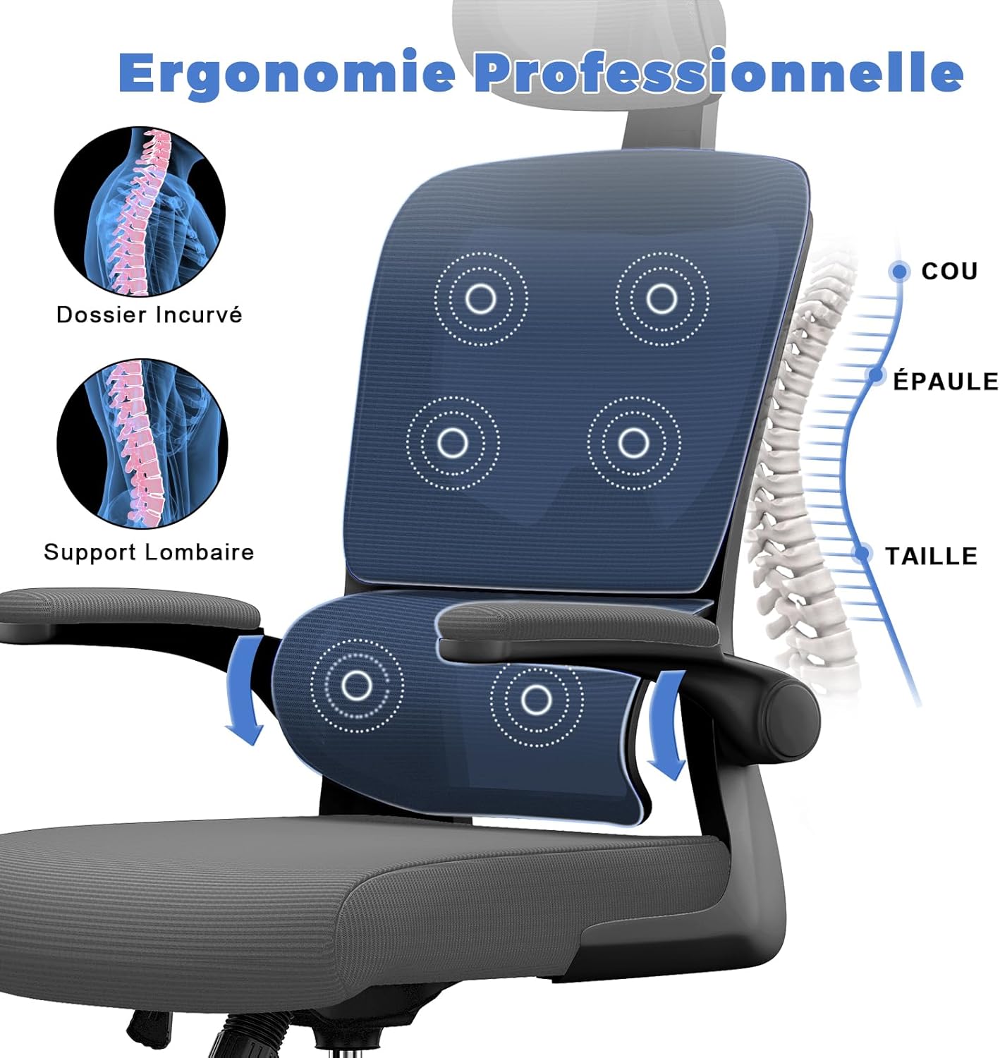 Chaise de bureau ergonomique - support lombaire - dossier et appui-tête réglables, accoudoirs réversibles, assise maille