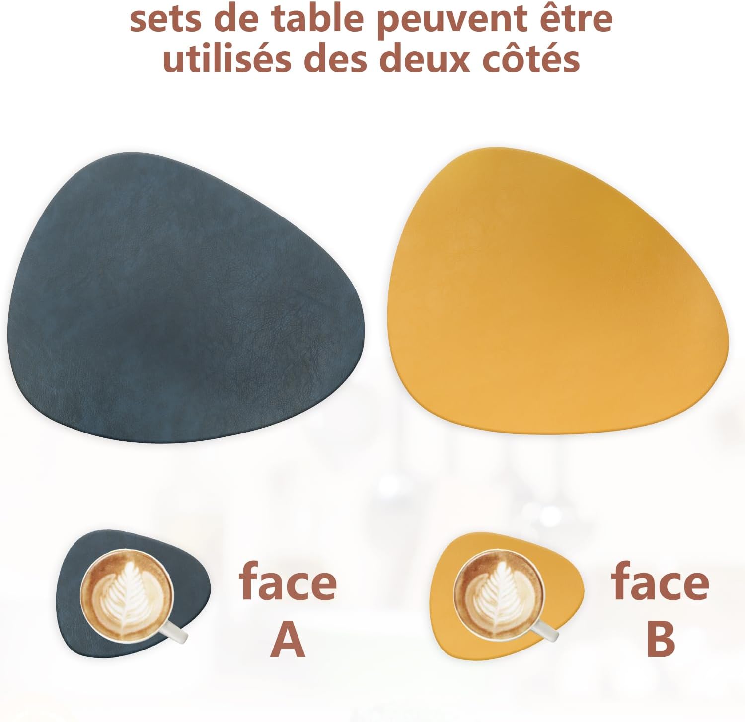 Set de table - lot de 6 ovale 41x33cm - lavable, antidérapant, PU double face