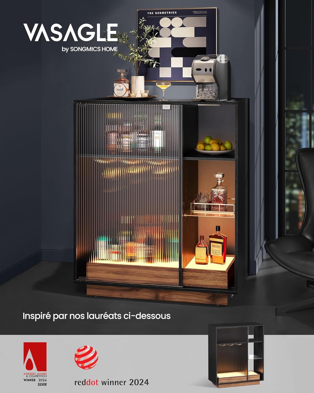 VASAGLE - bar à vin LED, porte-verre, porte vitrée, 100x40x80 cm - BBK361B21
