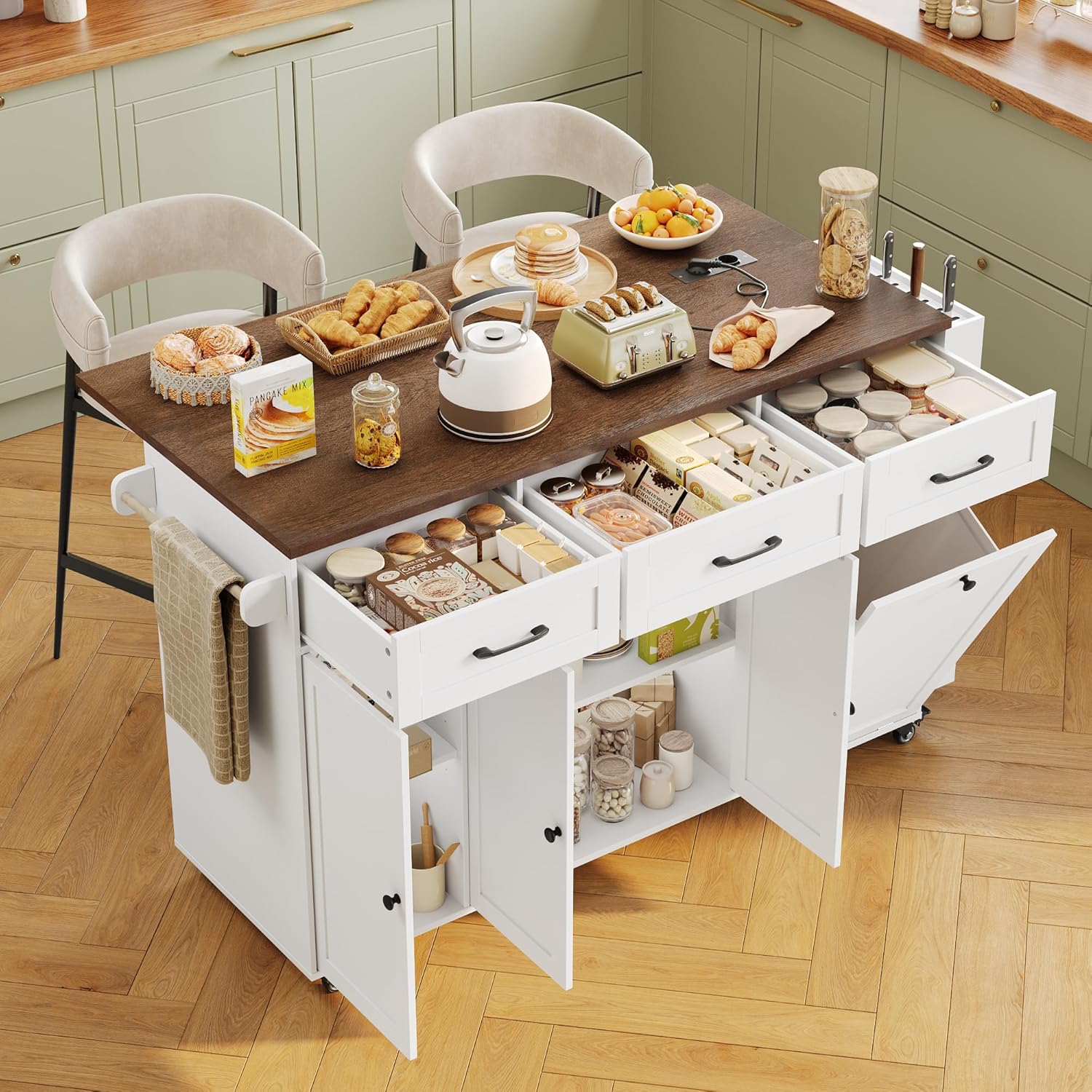 FirFurd - îlot cuisine rangement pliable, USB, blanc, 135x60x88cm