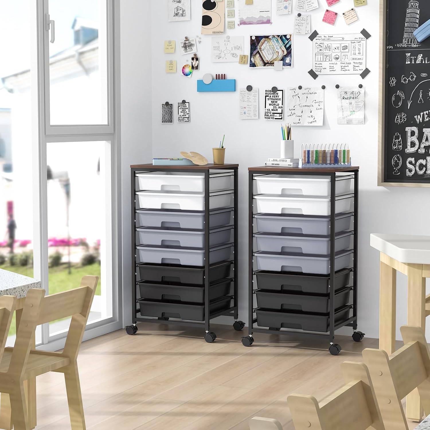 Chariot de salle de bain - 8 tiroirs, roulettes, plateau bois, grande capacité, gris