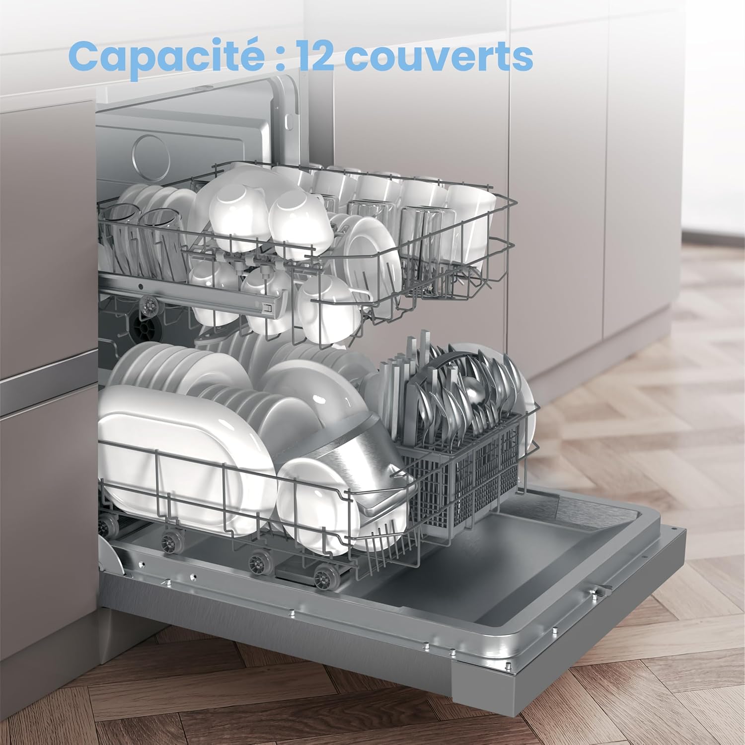 COMFEE' - Lave-vaisselle série CDWPF1201PS - 60 cm, 12 couverts, départ différé, panier flexible, inox, 49 dB, CDWPF1201