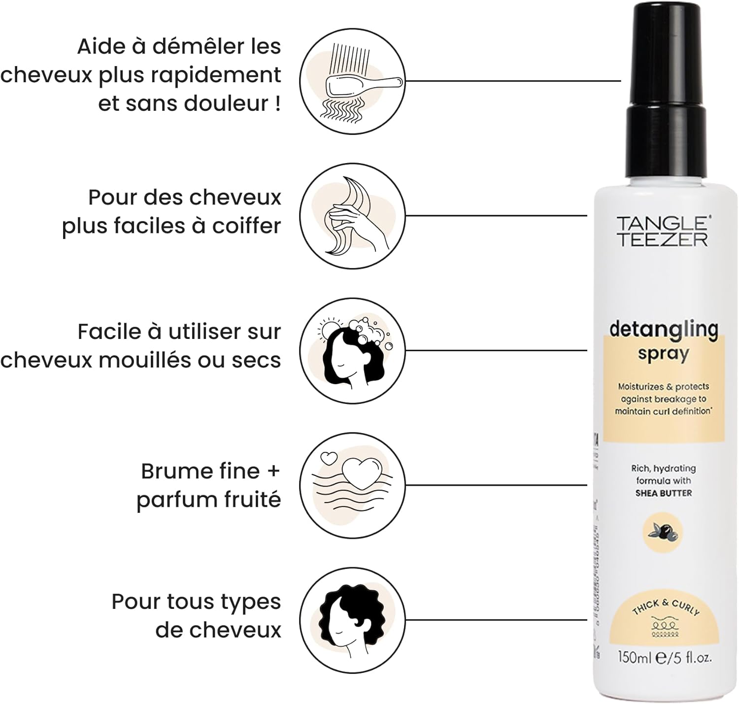 Tangle Teezer - Everyday Detangling - spray crème démêlant végane, beurre de karité, idéal cheveux épais/frisés, sans cr