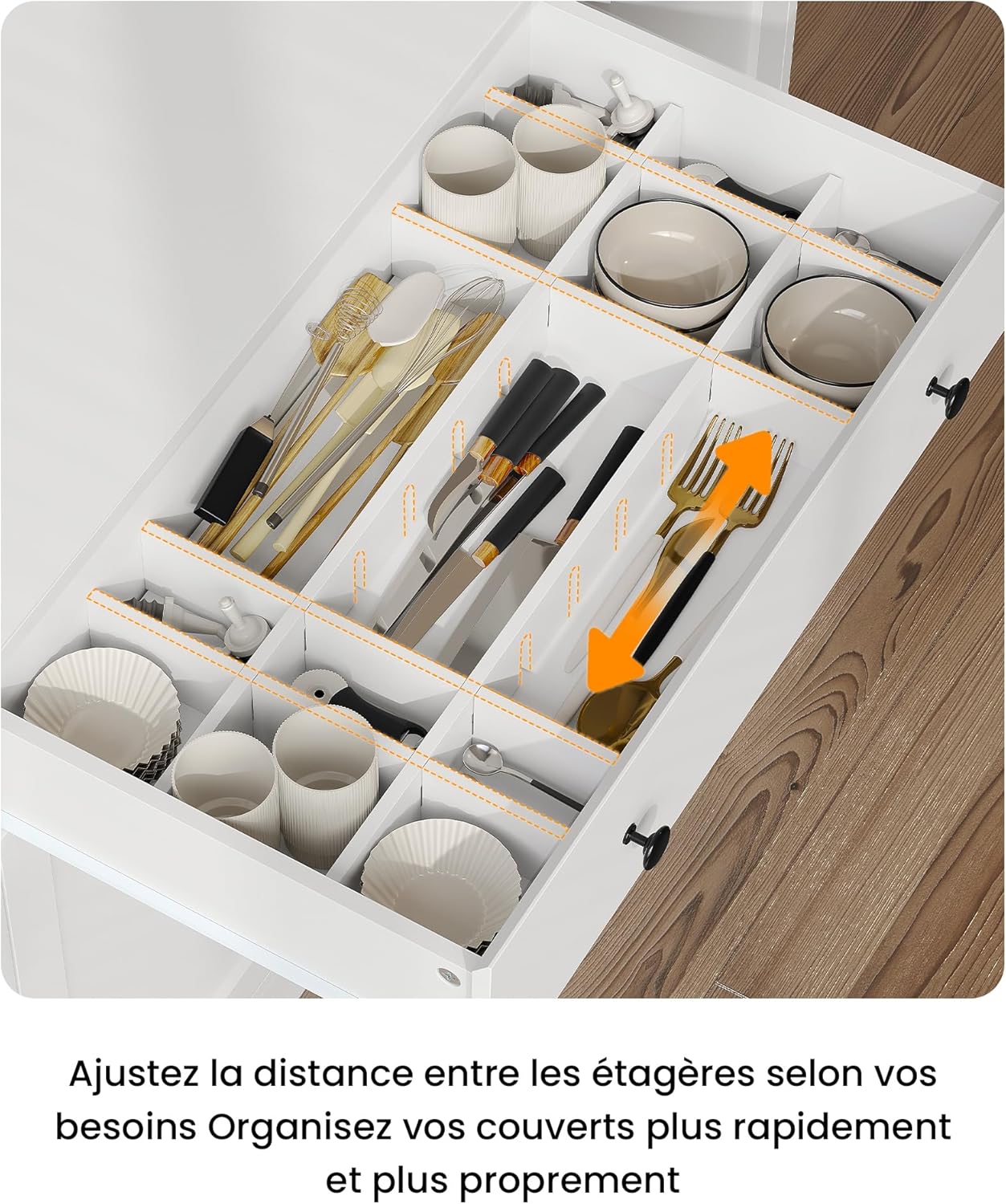 Meuble buffet cuisine - plan de travail LED, multiprise, 103,5x40x180 cm, 4 compartiments, tiroir modulable