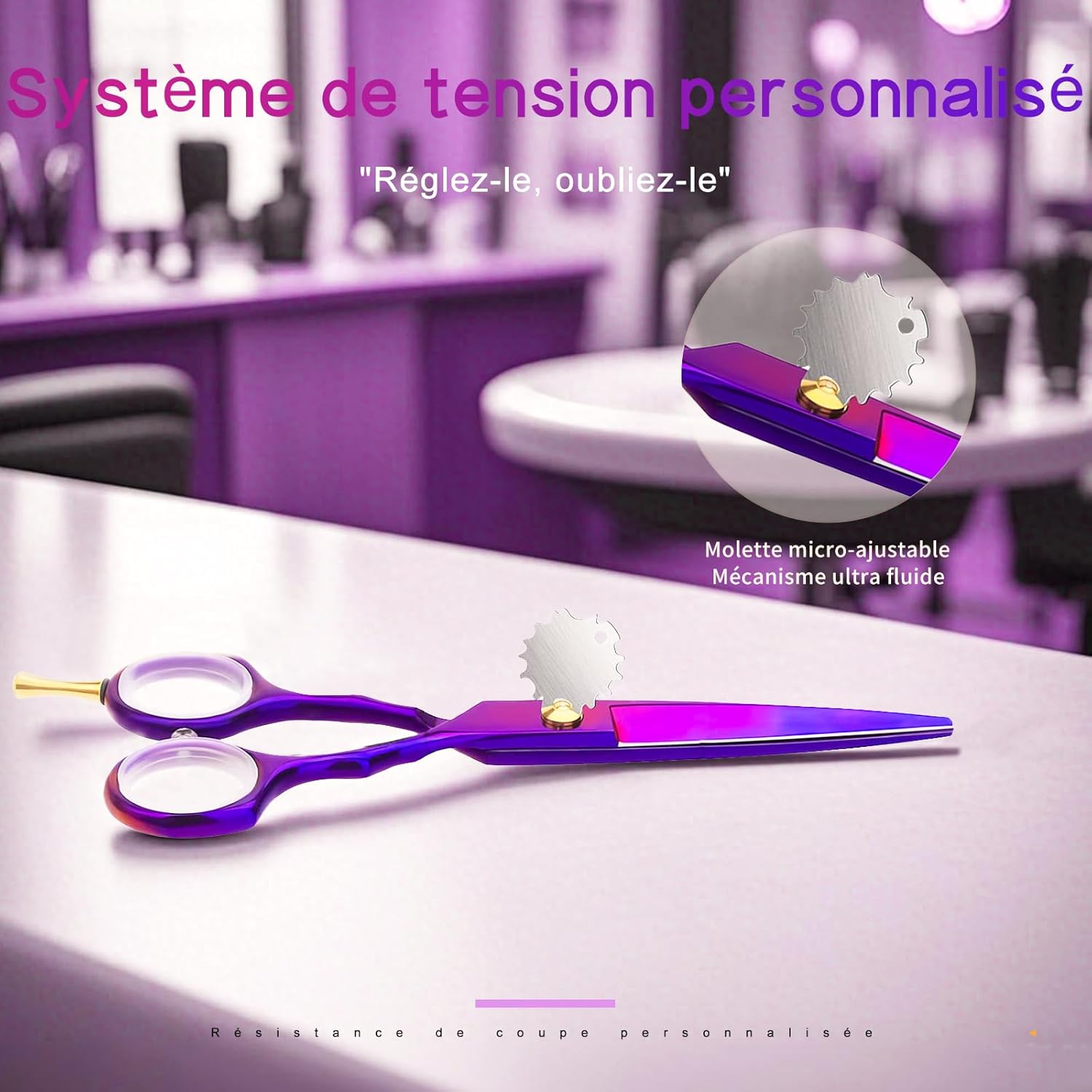 Kit de ciseaux de coiffure - 5,5 pouces - inox violet, peigne, rasoir
