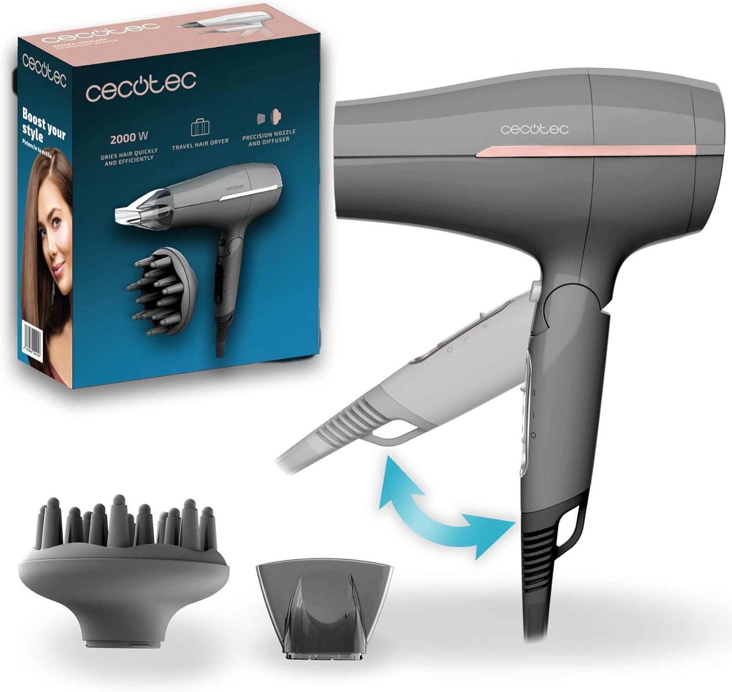 Cecotec - sèche-cheveux IoniCare Power&Go - compact - 2000W, 2 vitesses, air froid