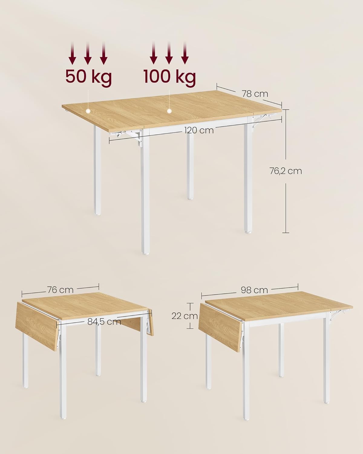 VASAGLE - Table pliante extensible 2-4 pers, chêne/blanc, rectangulaire, petits espaces, KDT077Y01