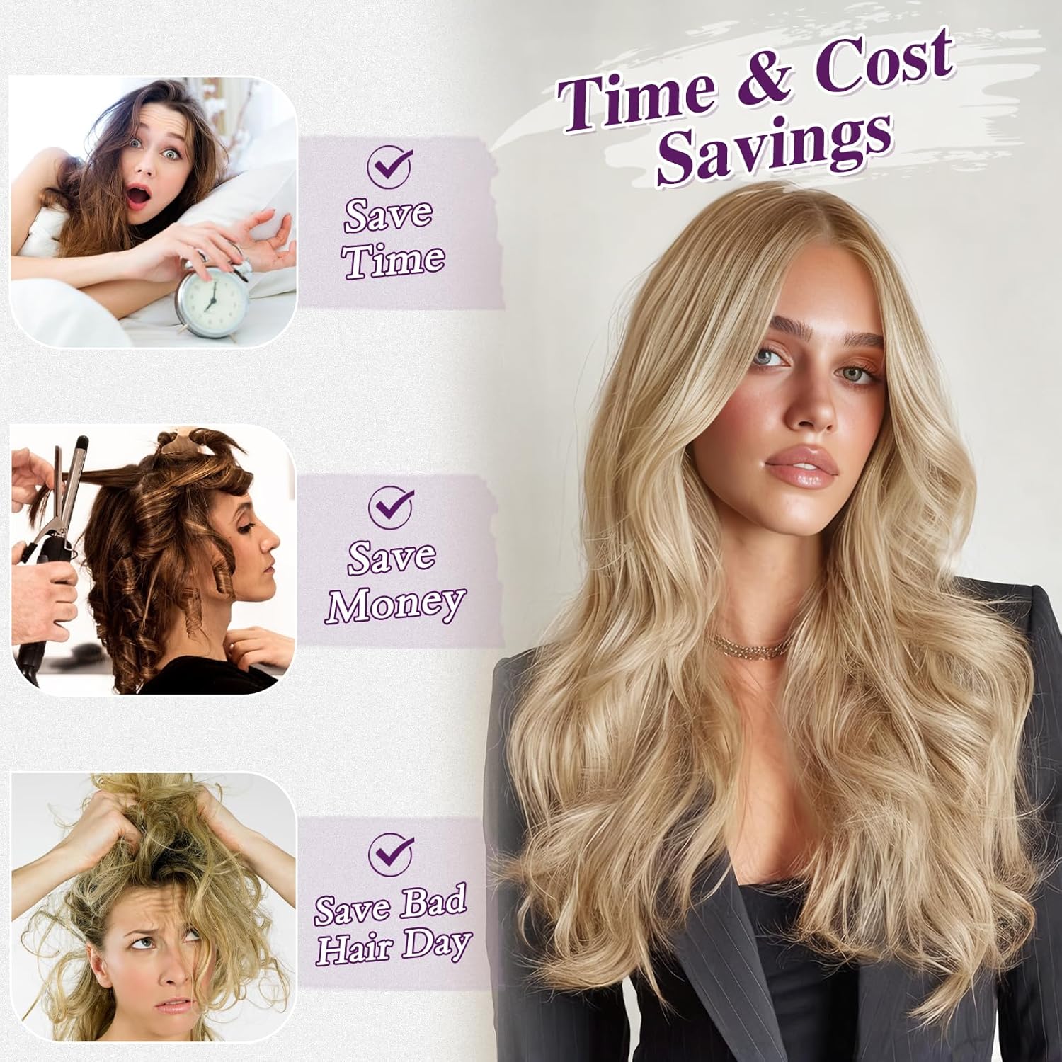 BARSDAR - Extensions à clips ondulées 50cm blond synthétique - 5 pièces, moyen blond mixte