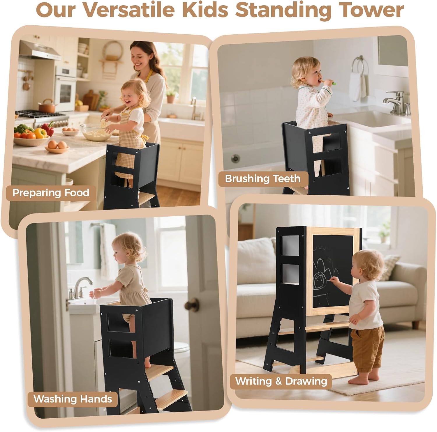 KIDINIX - Tour d'apprentissage Montessori - hauteur réglable, anti-basculement, bois/noir