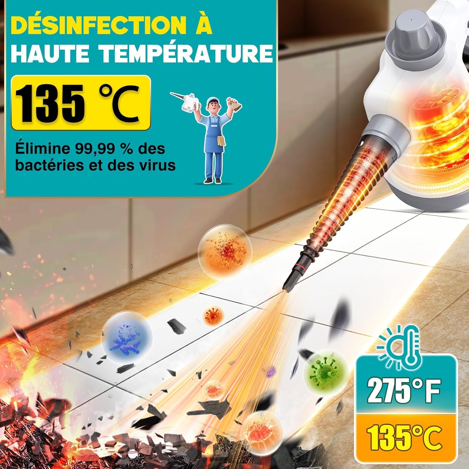 Nettoyeur Vapeur Portatif - 1050W - compact - nettoyage haute température, désinfection sans chimie