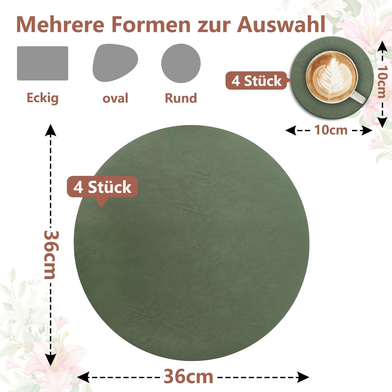 Set de table - lot de 4, cuir PU double face, 36x36cm, lavables, antidérapants