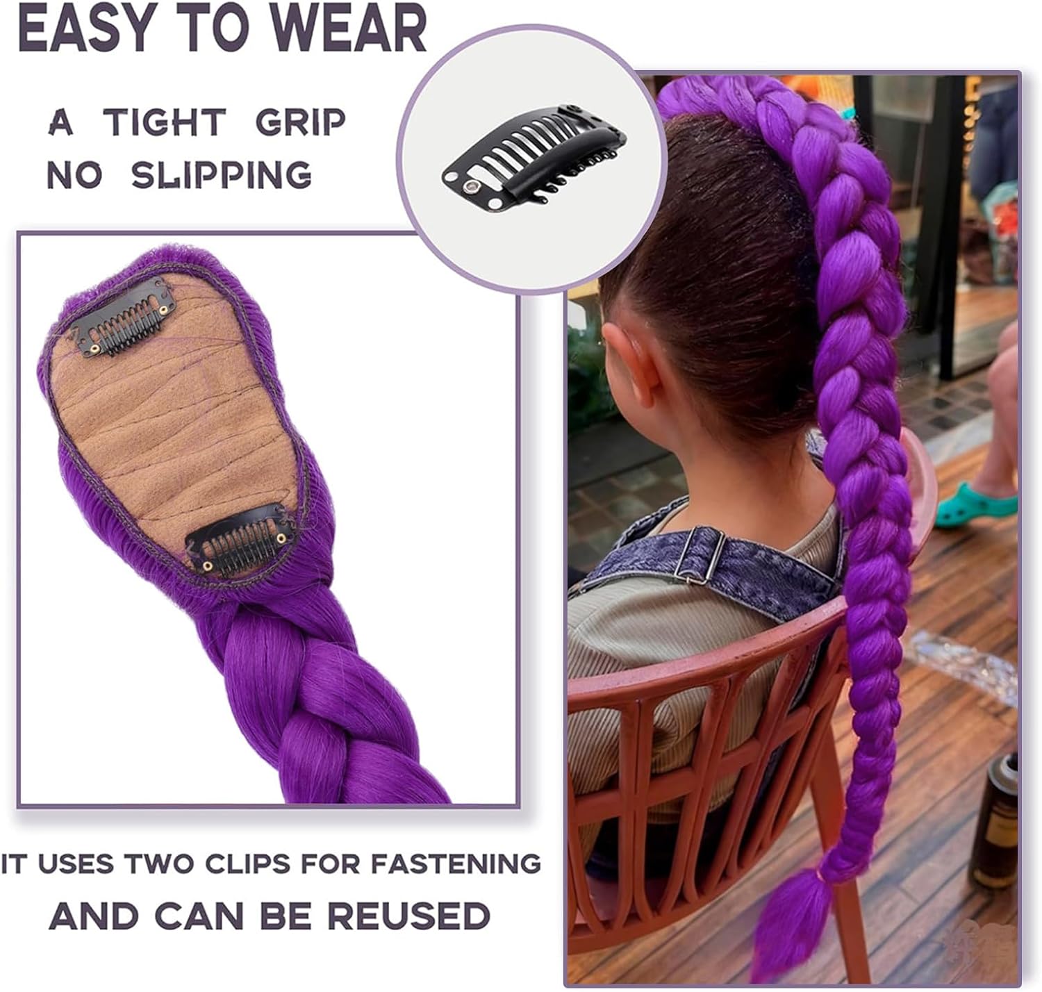 Perruque tressée violette - 66 cm - avec clip, adaptée cosplay et déguisement