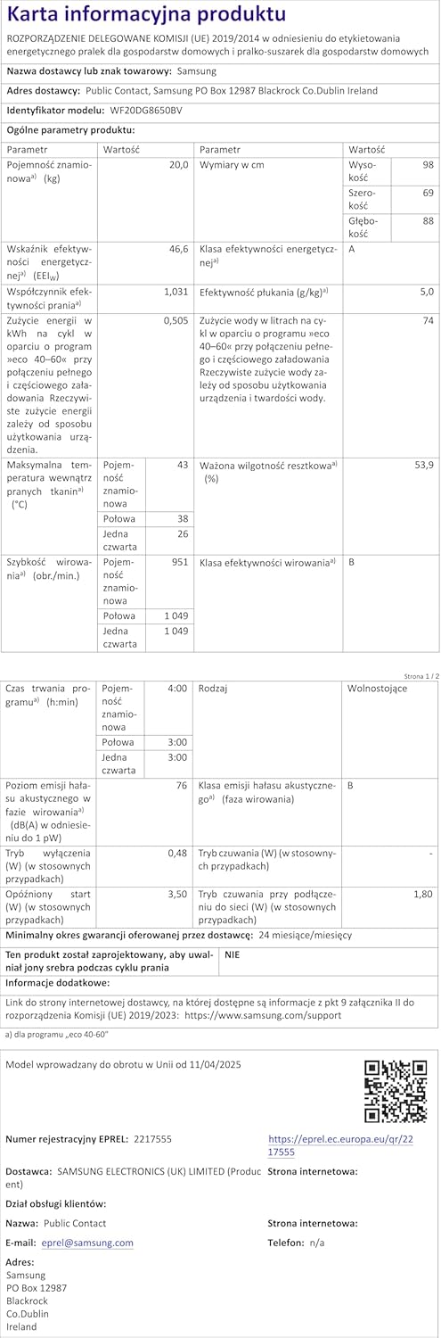 SAMSUNG - lave-linge frontal série 8000 - grande capacité, vapeur, 60x85x65 cm - WF20DG8650BV