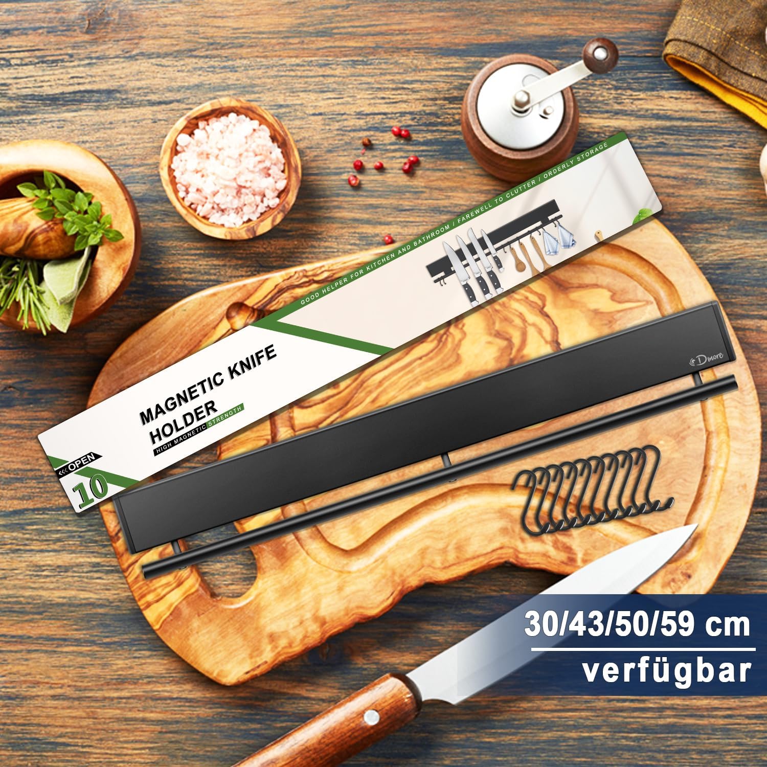 Dmore - barre magnétique avec 10 crochets - 50 cm - support autocollant couteaux noir