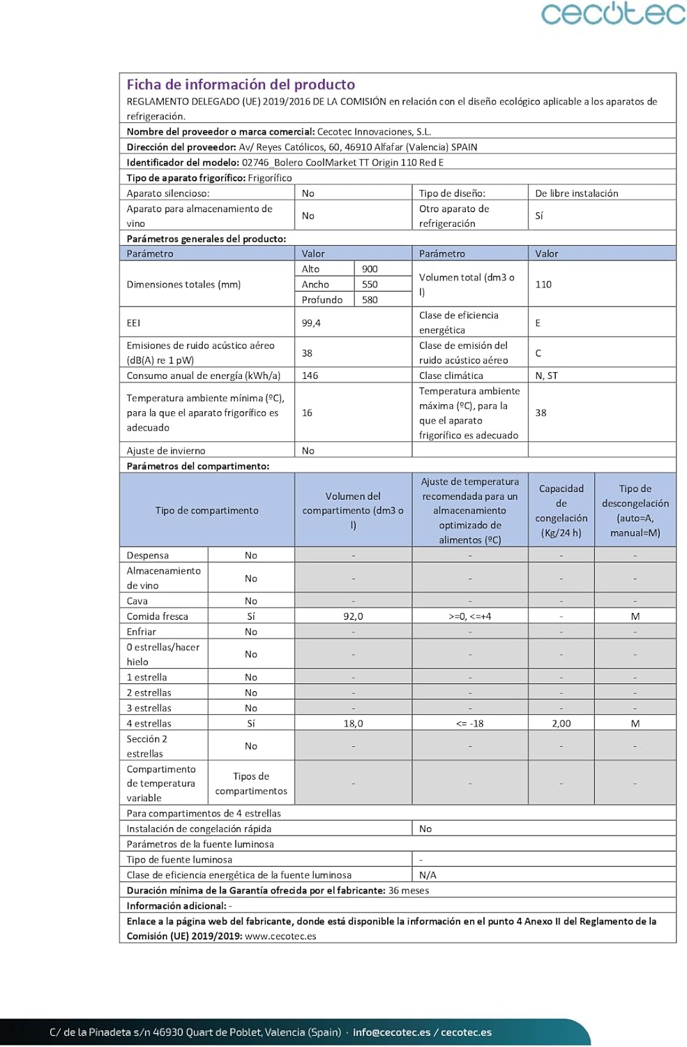 Cecotec - Bolero CoolMarket TT - 110L - mini frigo rétro, classe E, éclairage LED, poignée chromée, étagères verre, roug