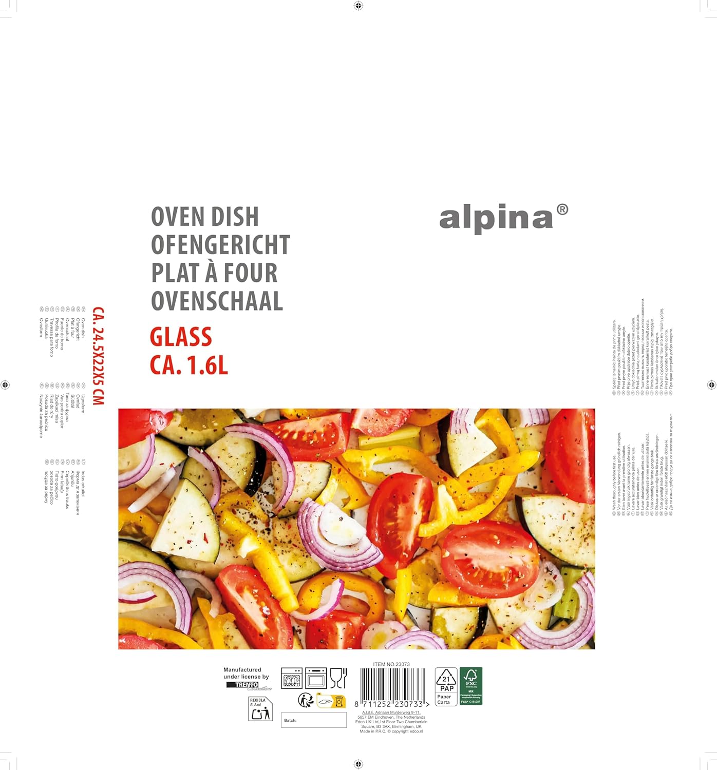 Alpina - plat à four carré en verre 1,6L - 24,5x22x5 cm - four, micro-ondes, lave-vaisselle