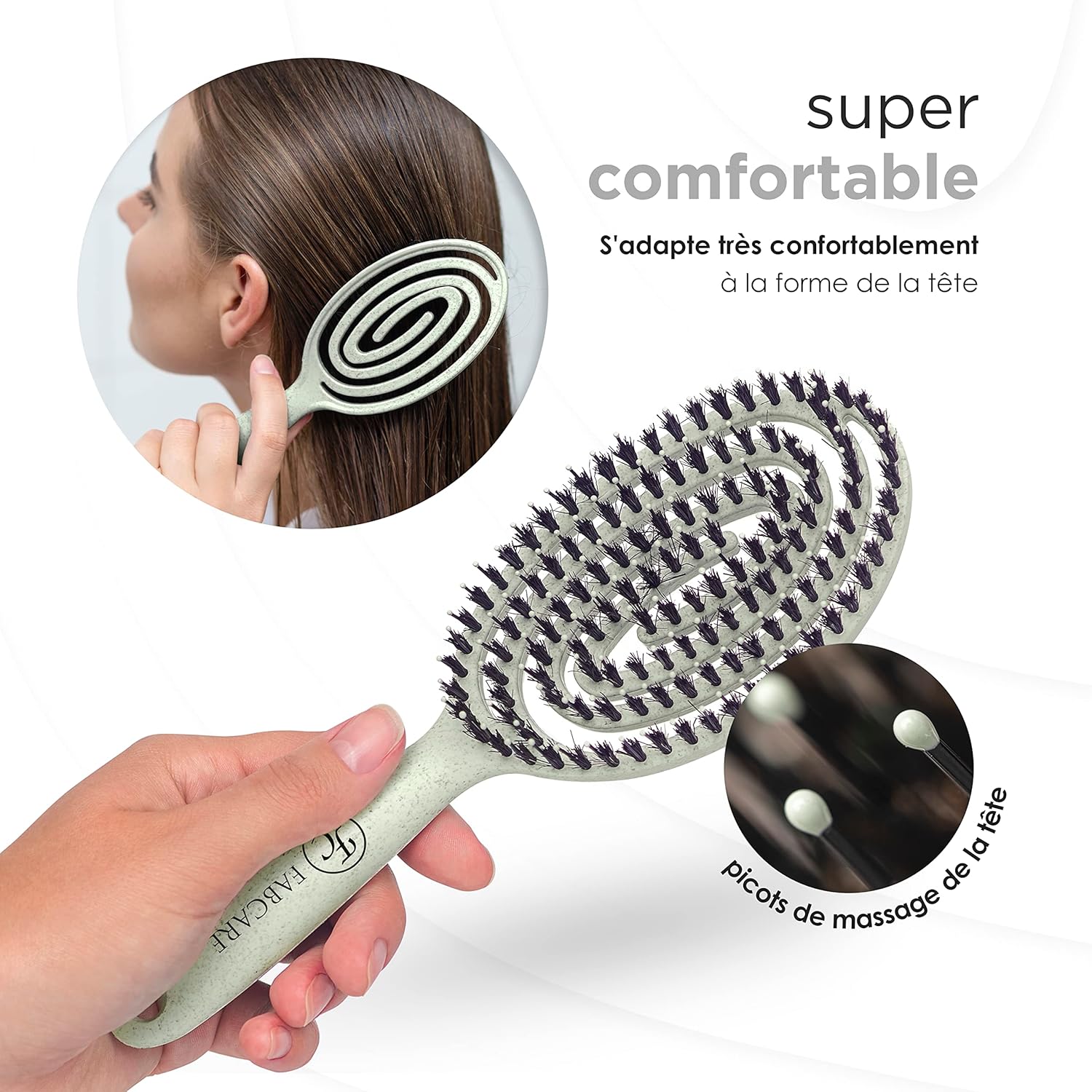 FABCARE - Brosse sanglier double ressort - verte - démêlage sans douleur