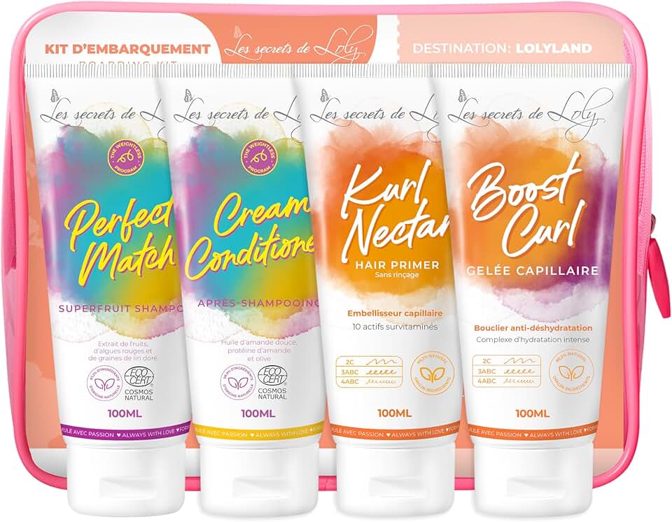 Les Secrets de Loly - Trousse Voyage Cheveux Bouclés - 4x100ml - shampooing, après-shampooing, leave-in, gelée