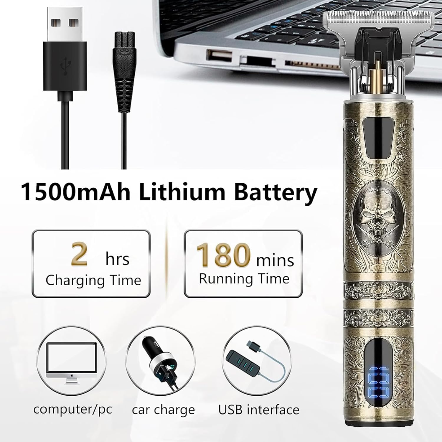 Tondeuse cheveux homme - squelette - 4 peignes, lame T, IPX7, USB