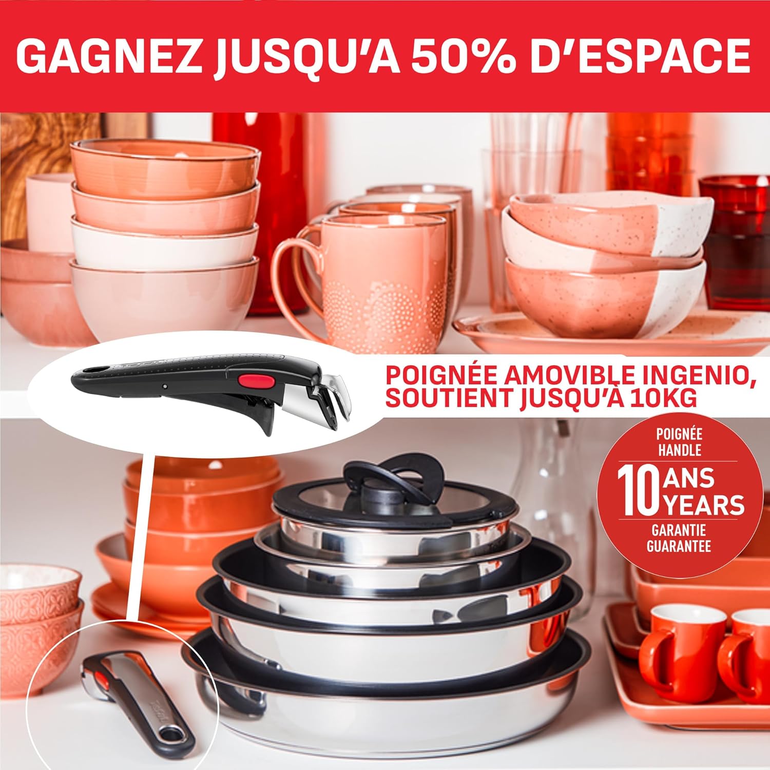 Tefal - Ingenio Preference On - 16/18/20 cm - inox induction poignée amovible, empilable L898S334