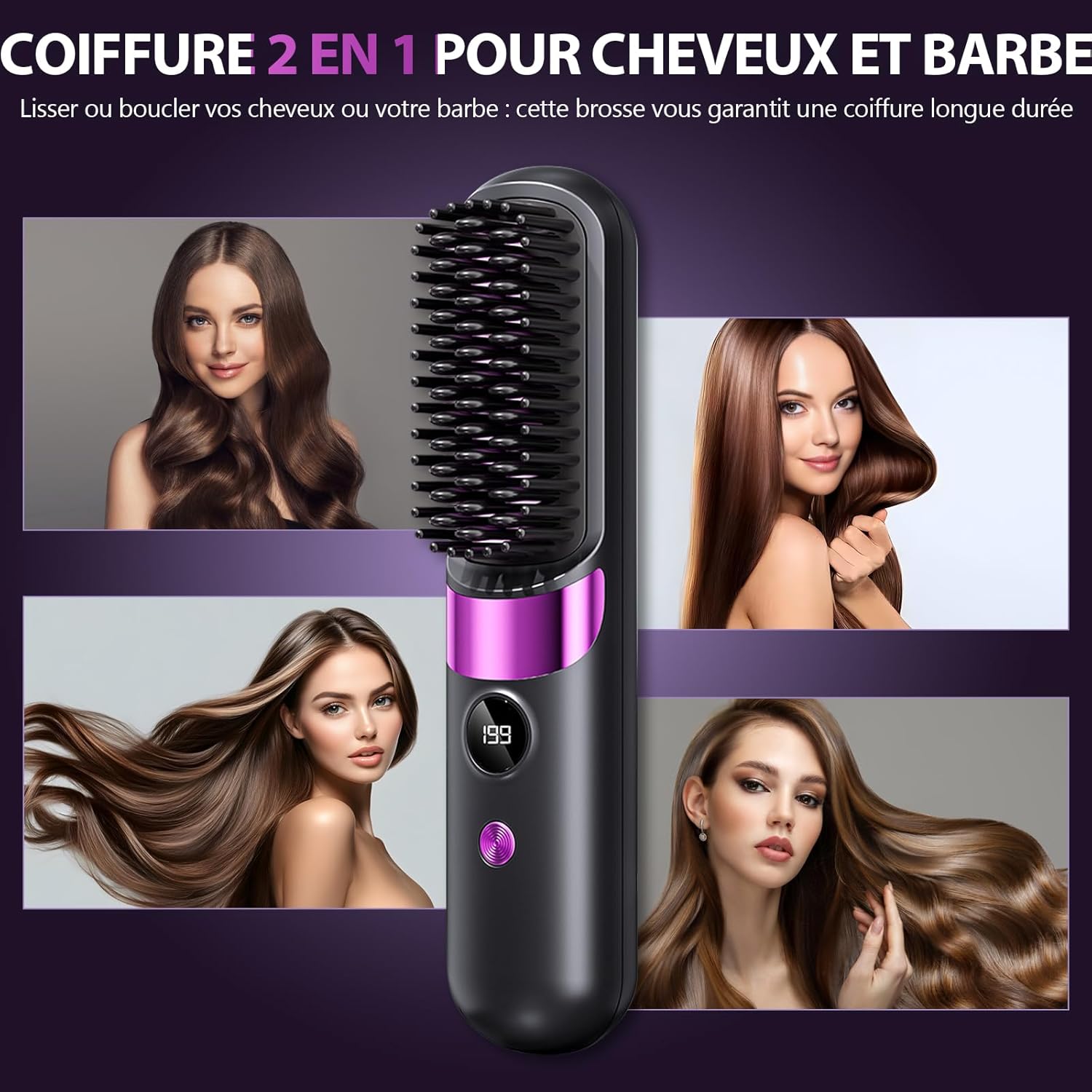 Brosse lissante sans fil - mini, céramique, 4 températures, portable