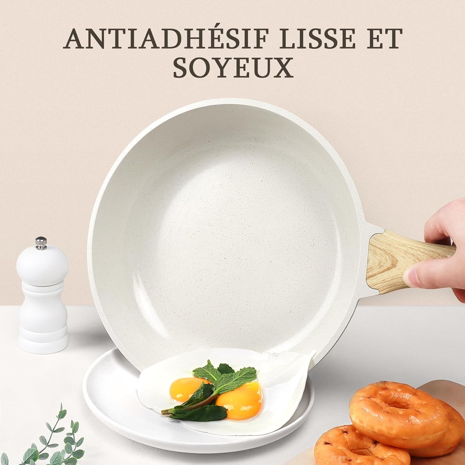 GiPP - poêle à frire granit série blanche - 26 cm - antiadhésive, induction, sans PFAS/PFOA, manche froid, avec couvercl