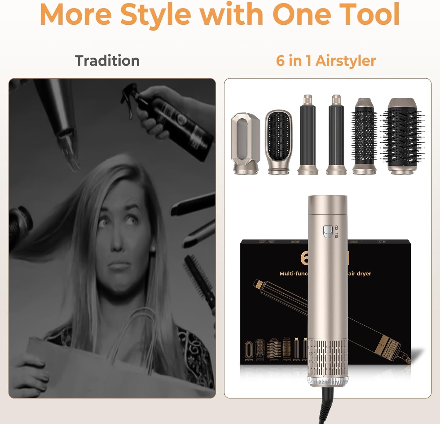 Air Styler - Airbrush 6 en 1 - 1000W - ionique, 6 accessoires, réglable