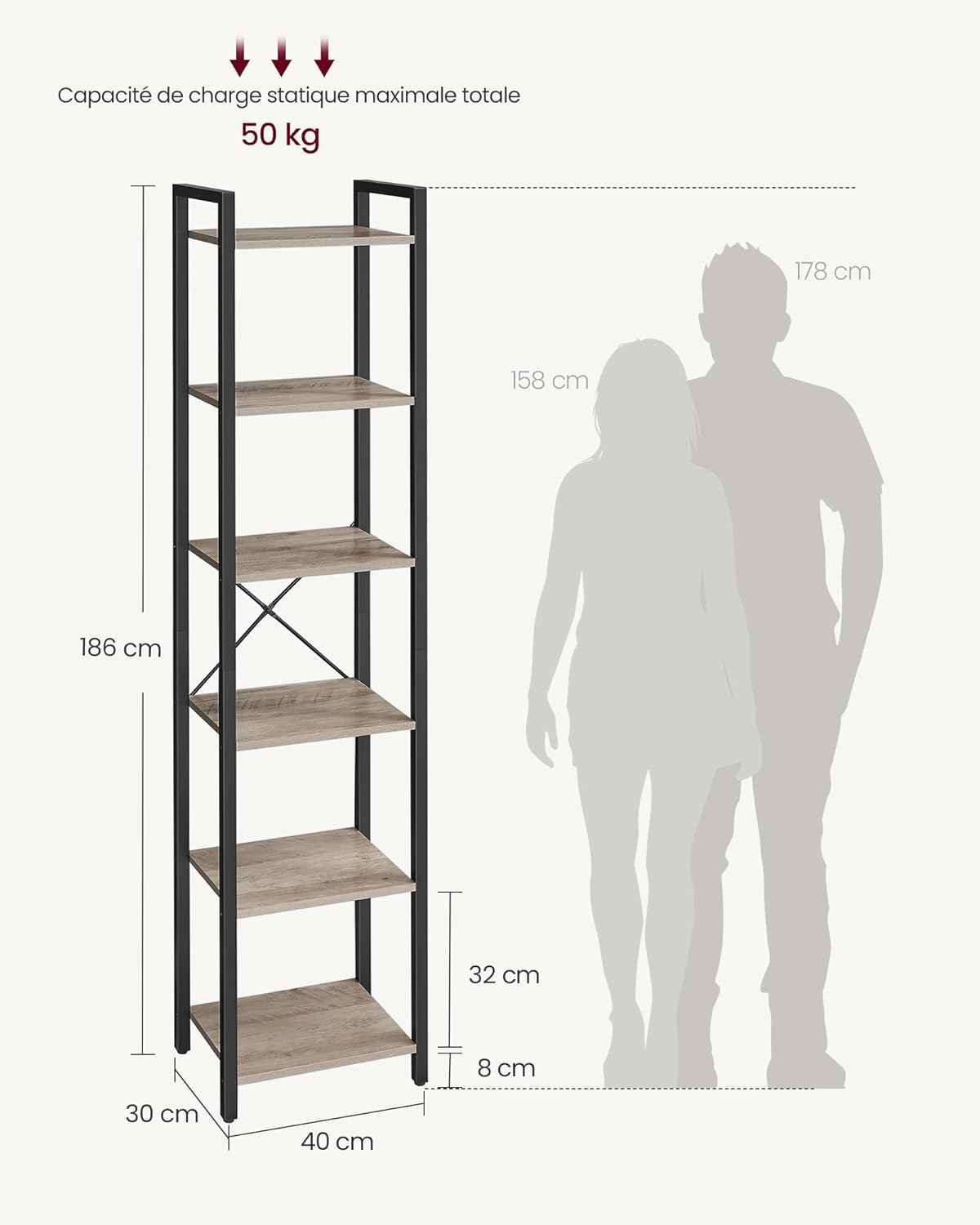 VASAGLE - étagère industrielle 6 niveaux, 30x40x187,5 cm, rangement bureau-salon-chambre, LLS101B02