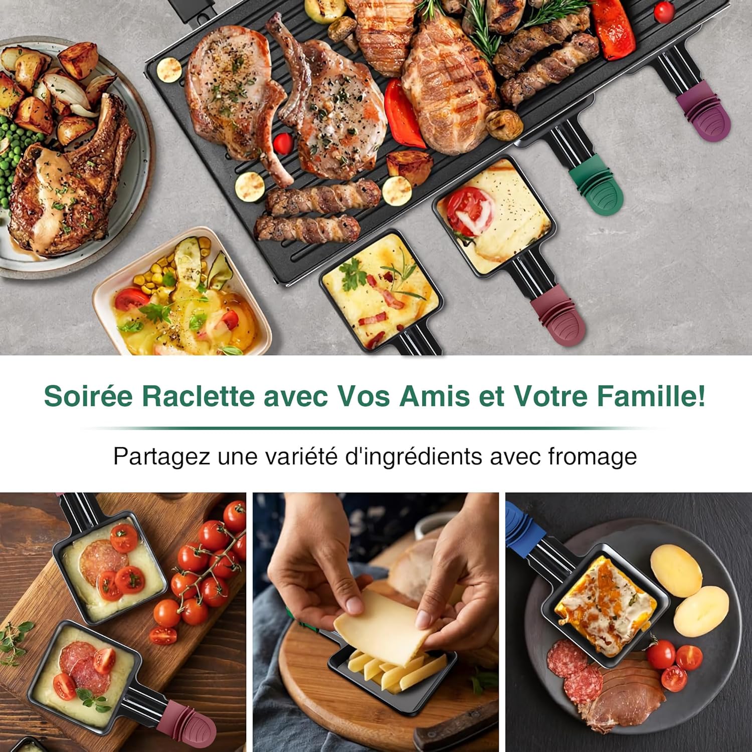 Poêlons à raclette carrés - 8 pcs - antiadhésif, poignées colorées, spatules incluses