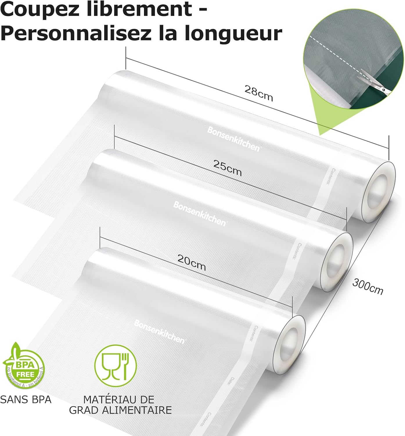Bonsenkitchen - sacs sous vide rouleaux 20/25/28x300cm, sans BPA, VB3217