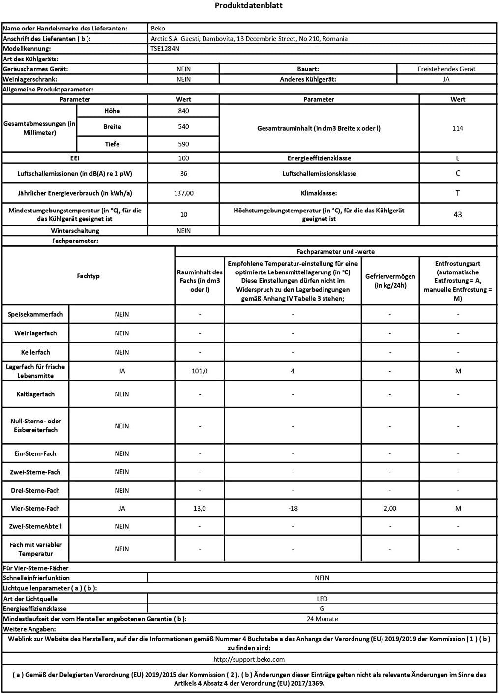 Beko - réfrigérateur table top - compact 114L, MinFrost, porte réversible - TSE1284N