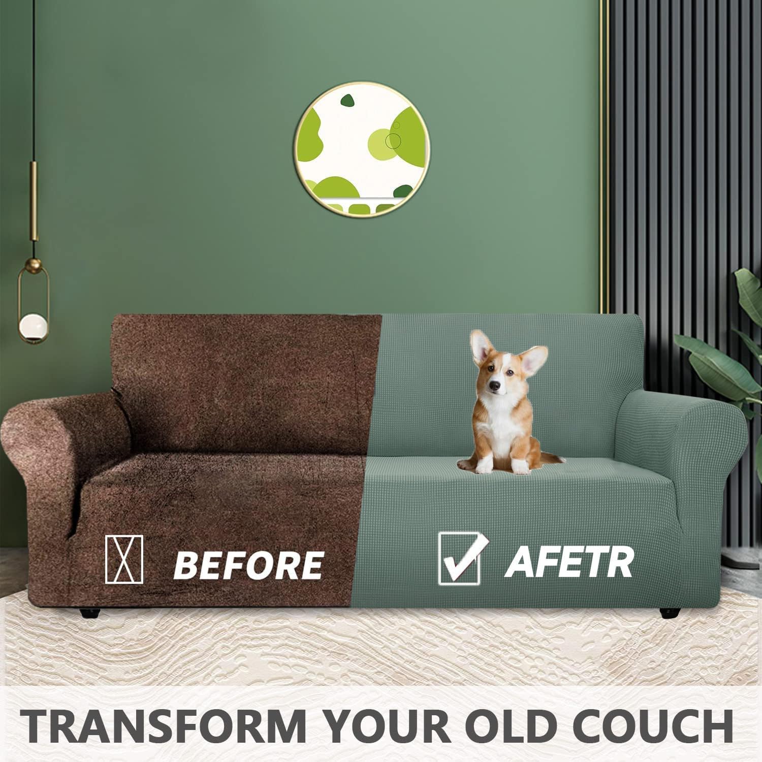 Housse canapé extensible 3 places, vert, lavable, antidérapante, moderne