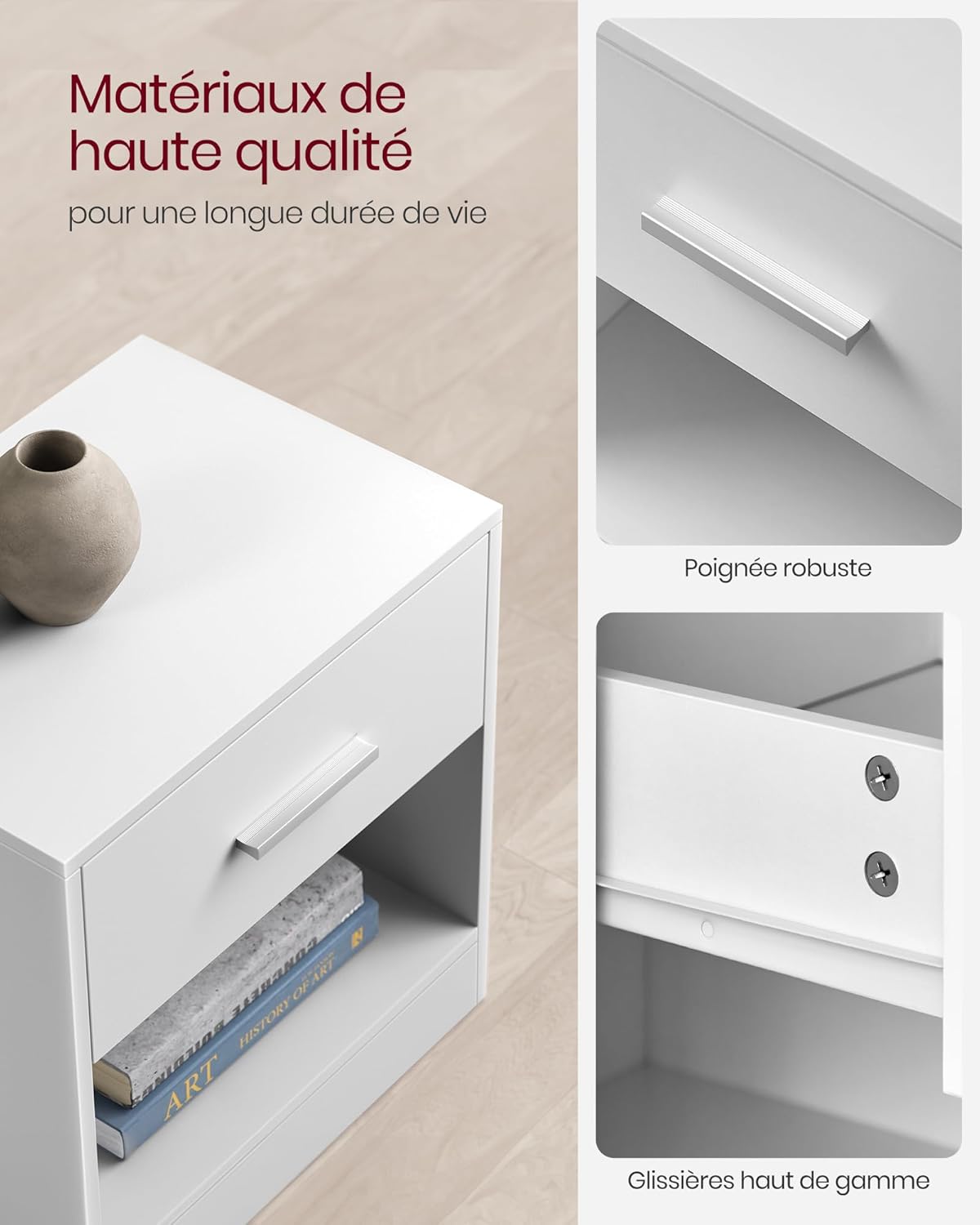 VASAGLE - Table de nuit lot de 2, 45x35x52cm, tiroir, compartiment ouvert, blanc classique, LET819T14