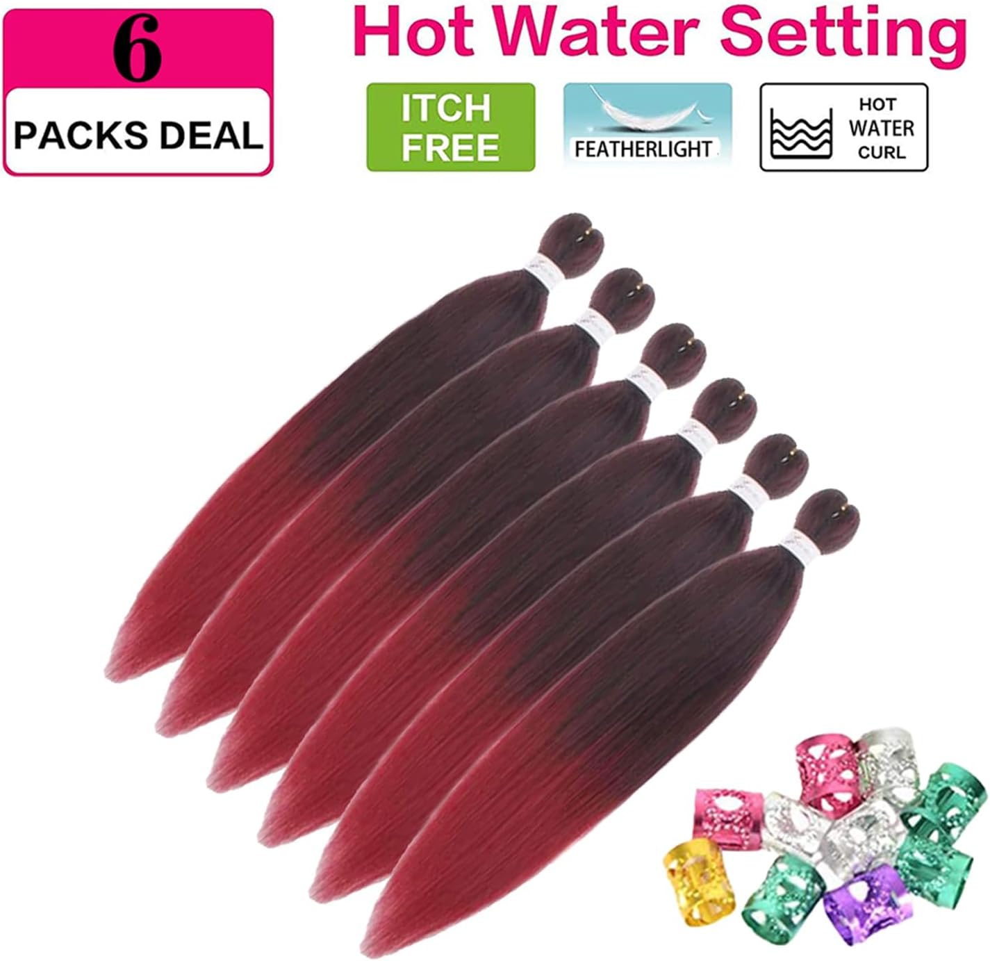 Rajout Cheveux Tressés - synthétiques 30 pouces - ombré rouge/noir, pré-étirés, 6 paquets, tresses africaines - T1B/900#