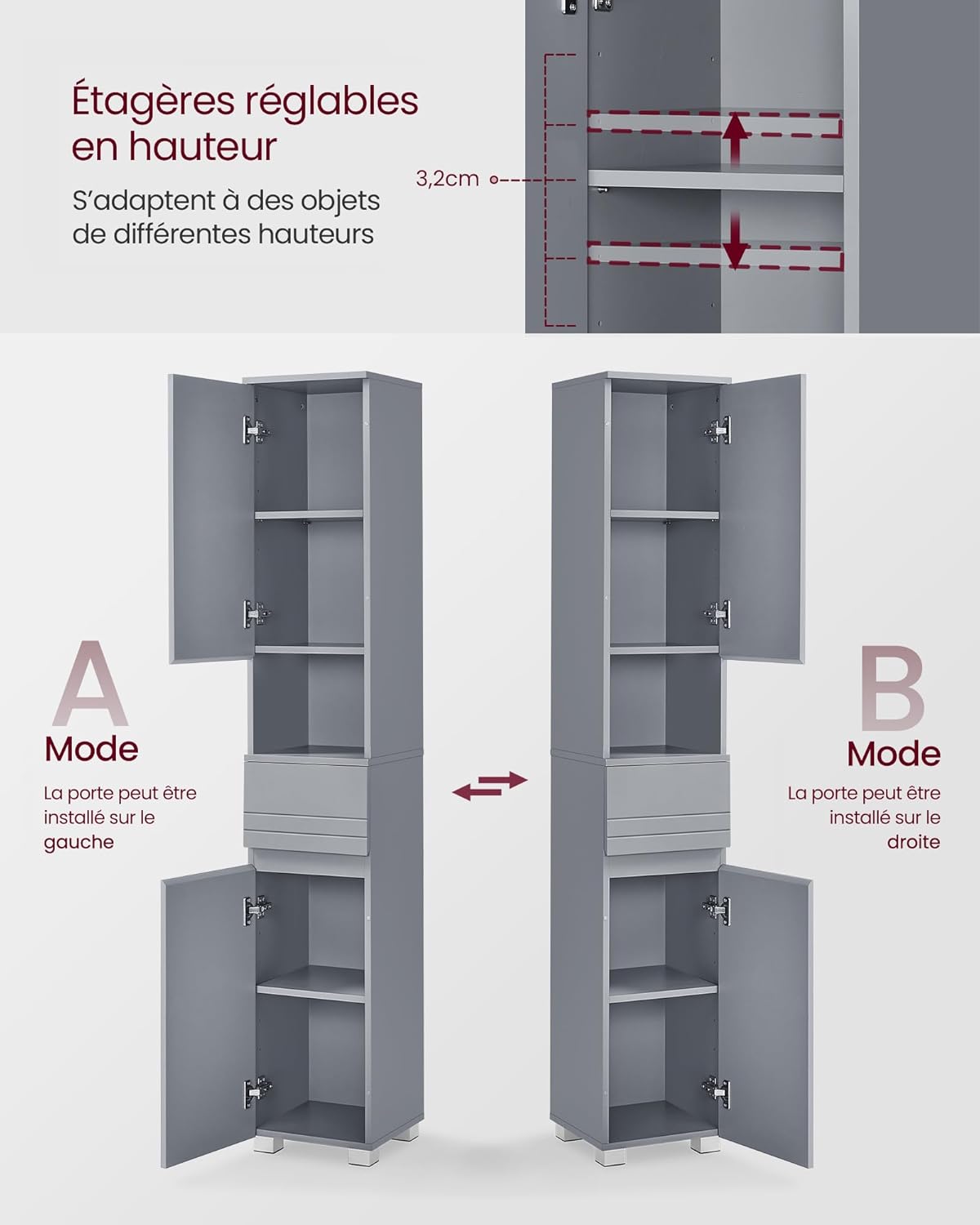 VASAGLE - armoire salle de bain, 30x30x170 cm, tiroir, étagères réglables, BBC560P36