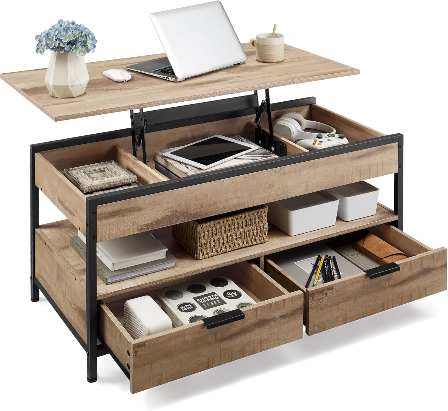 VASAGLE - Table basse, plateau relevable, rangements, marron/noir, LCT209K02