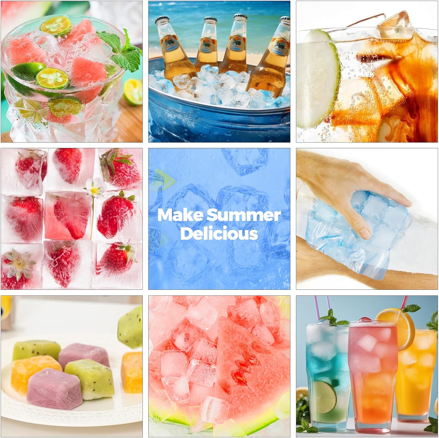 Bacs à glaçons silicone - 4 pièces - avec couvercle, LFGB sans BPA, facile à démouler, 2 verts + 2 bleus