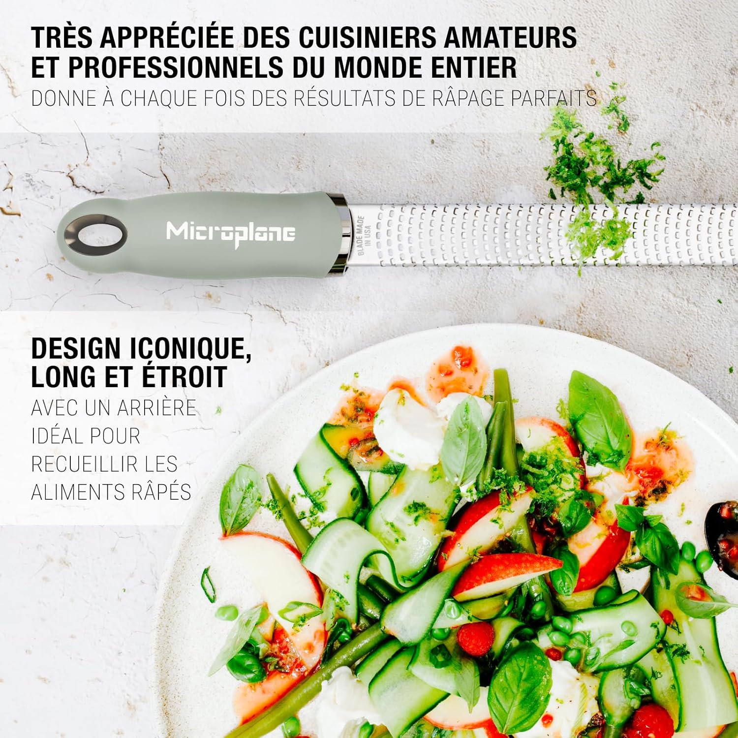 Microplane - râpe à zesteur vert sauge - lame fine - agrumes, parmesan, gingembre, chocolat, noix de muscade