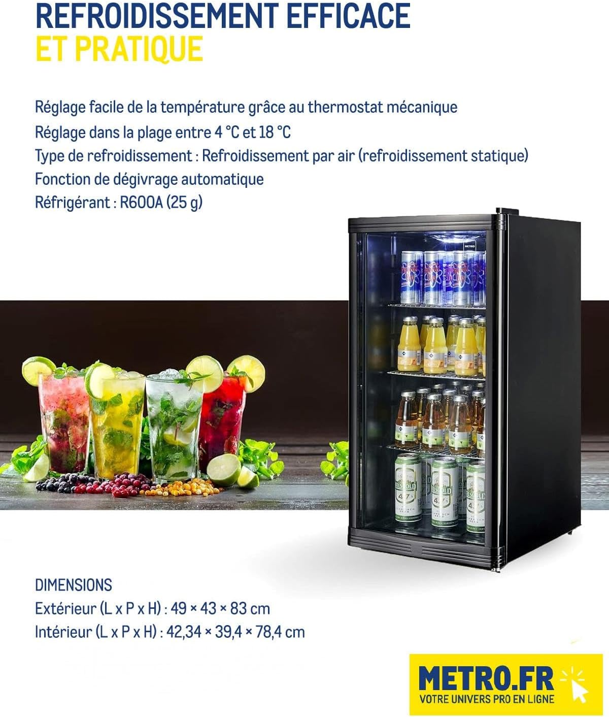 METRO - réfrigérateur boissons - 43x49x83cm - 88L, statique, noir, GPC1088