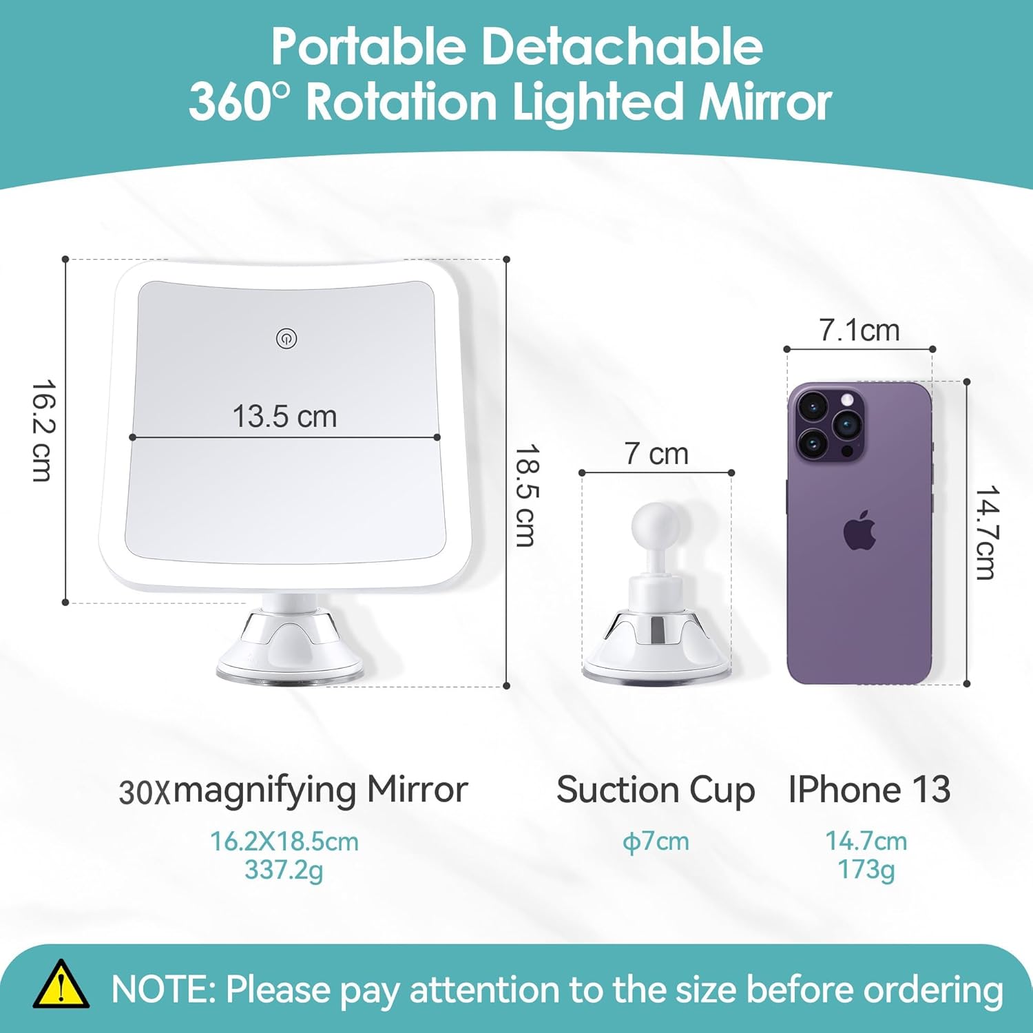 Miroir grossissant carré - 30x - lumineux, tactile, ventouse, rechargeable, rotation 360°