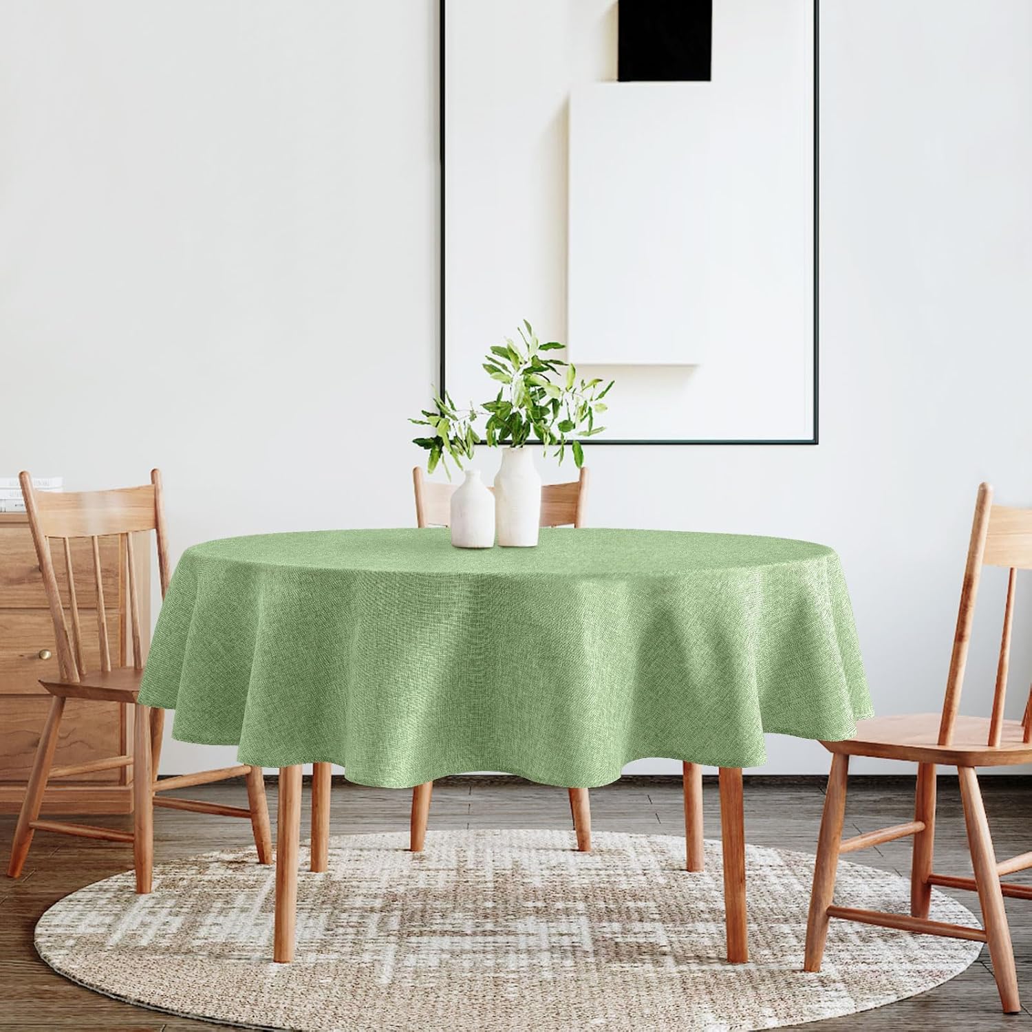 DWCN - nappe ronde effet lin - 180 cm - lavable, imperméable, vert clair