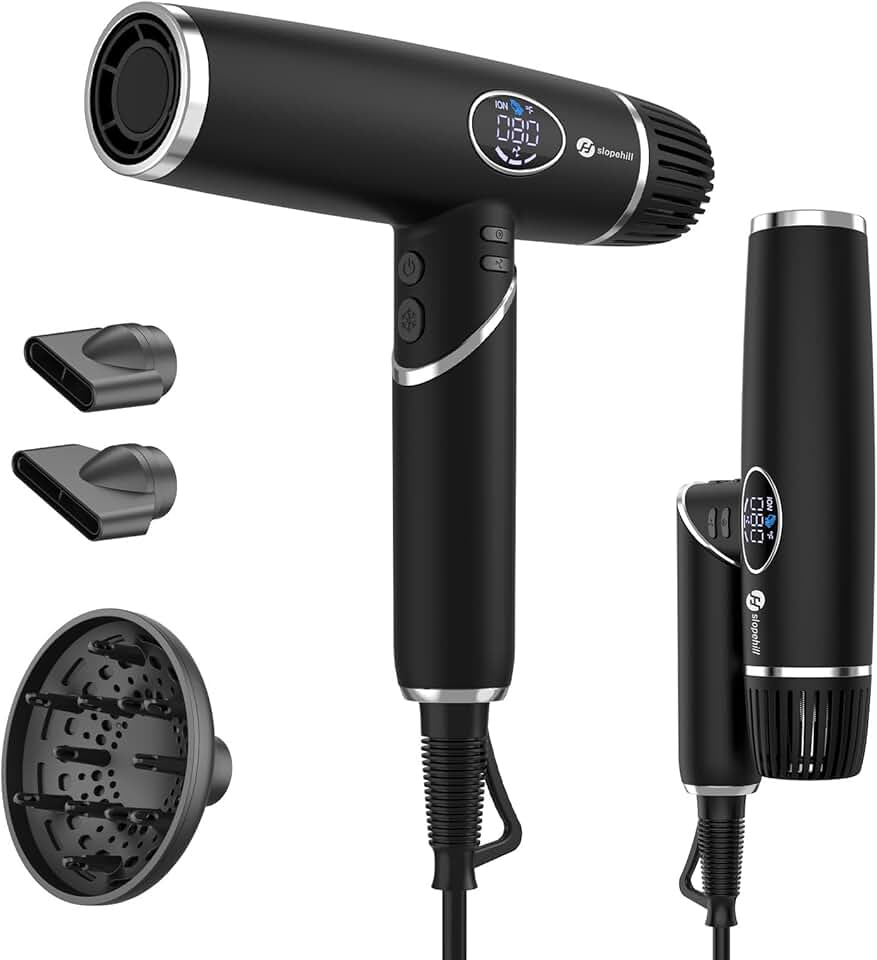 Sèche-cheveux ionique pliable - compact - moteur brushless 110000 RPM, écran LCD, faible bruit
