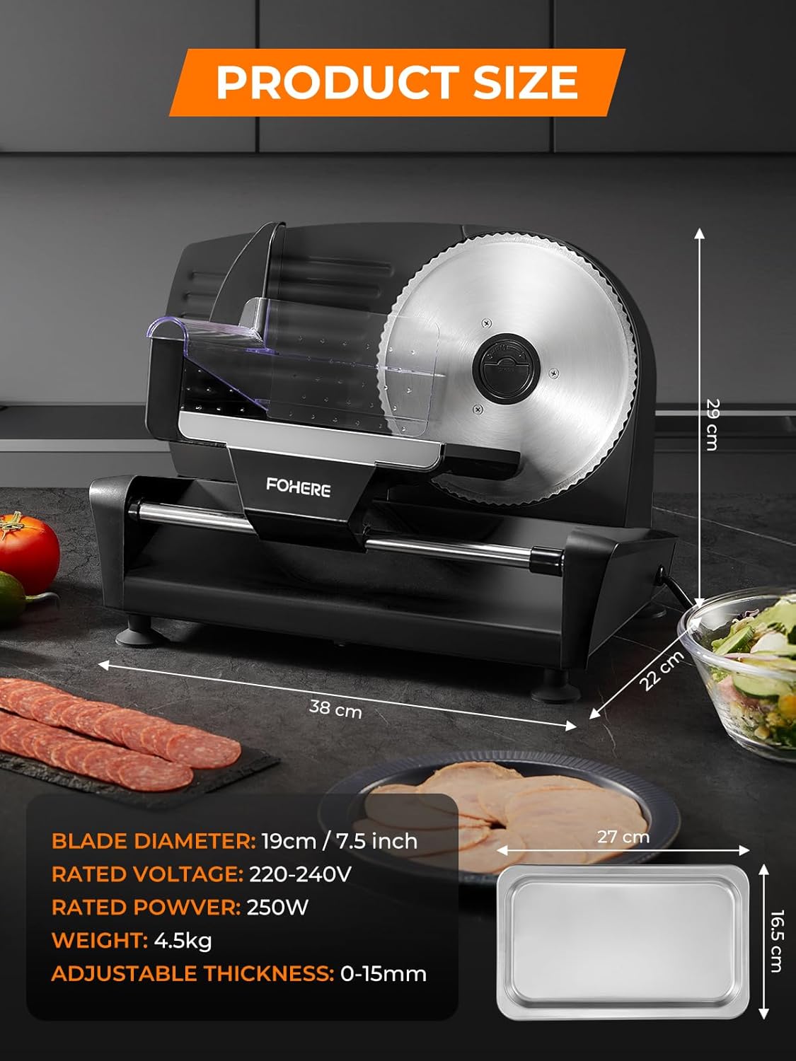 Trancheuse électrique - 250W, 3 lames, épaisseur 0-15mm, sécurité