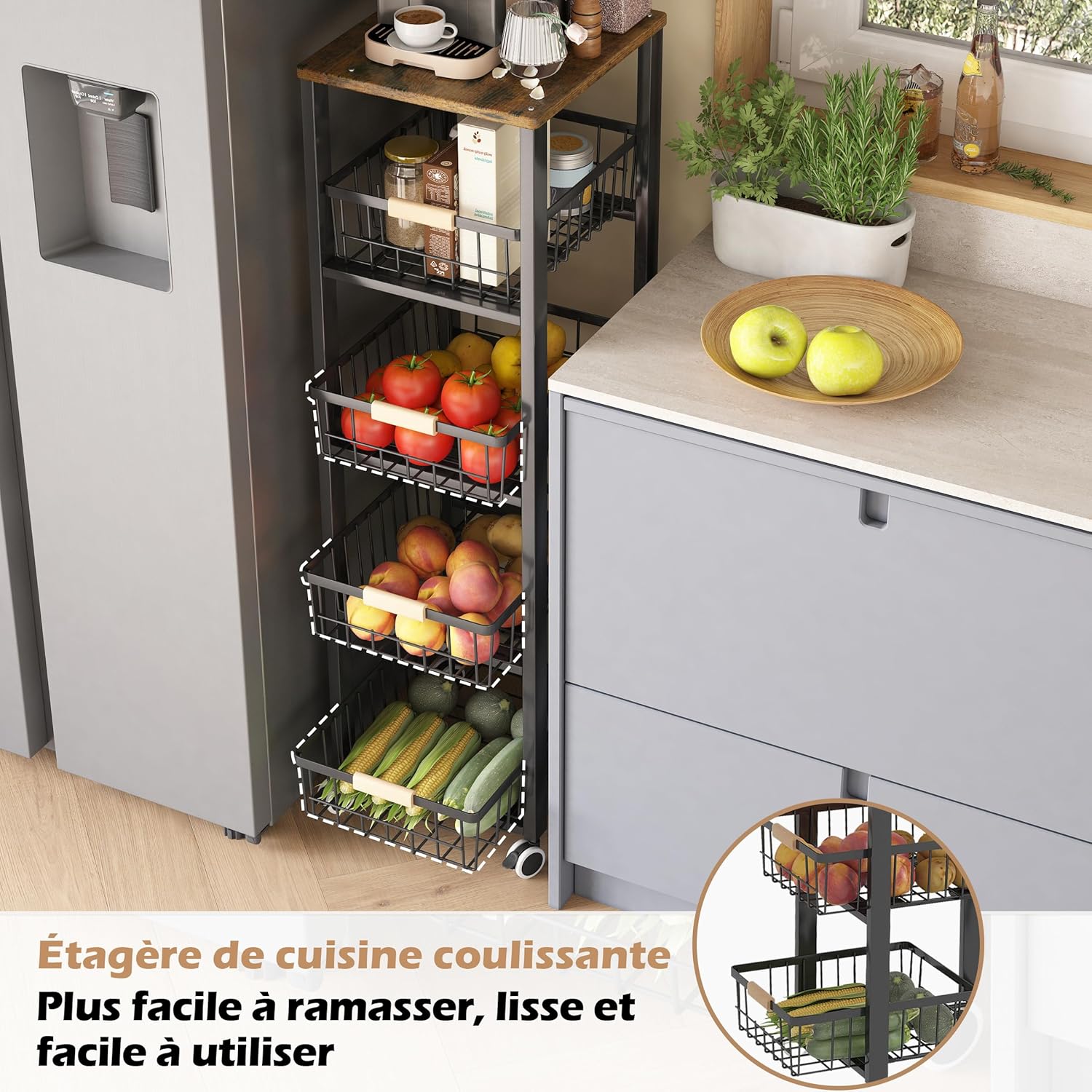 COVAODQ - Étagère à légumes 5 niveaux, métal, roulettes, 107x30.5x39 cm - COVAODQ