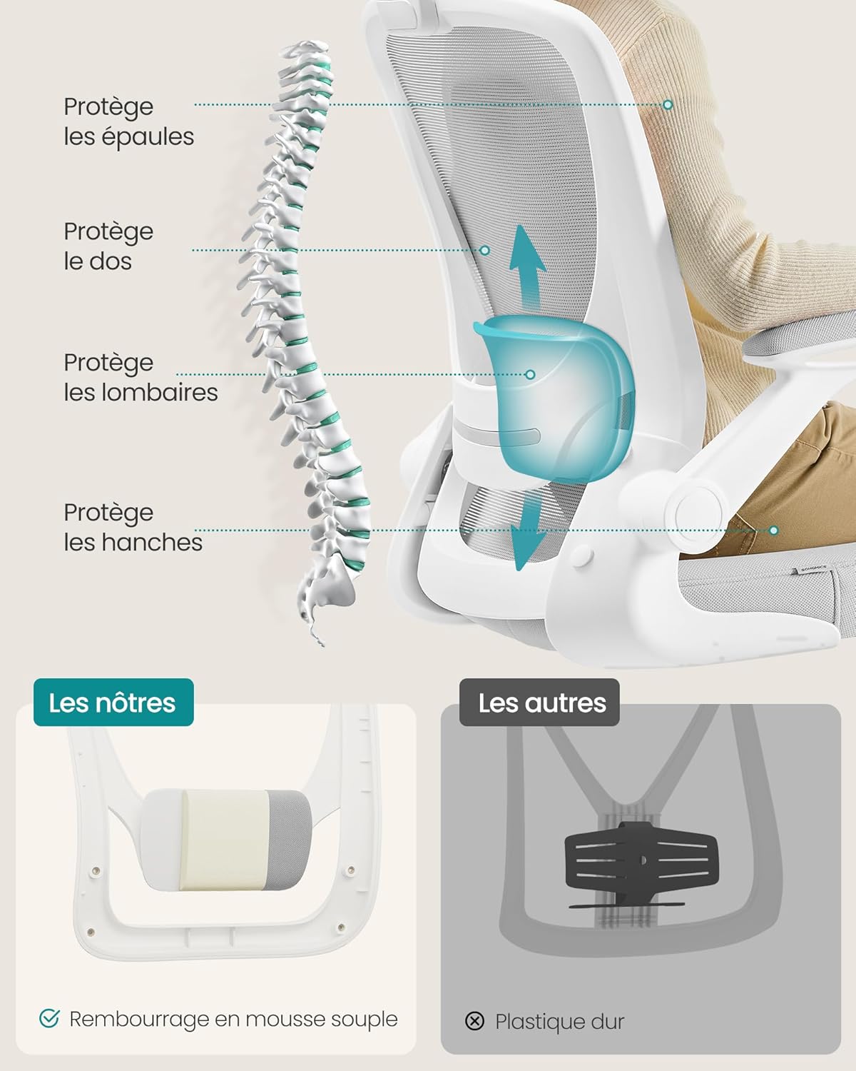 SONGMICS - chaise de bureau - 53 cm - ergonomique, accoudoirs rabattables, support lombaire, OBN037G02